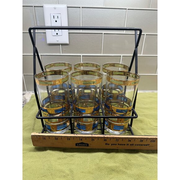 6 MCM Culver Empress Highball Glass Set 22K Gold Trim Caddy Table Top Decor Bar - Picture 14 of 16